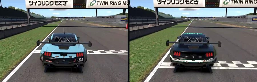 Two laps' chase-camera videos side by side, both cars at the same point on the main straight.