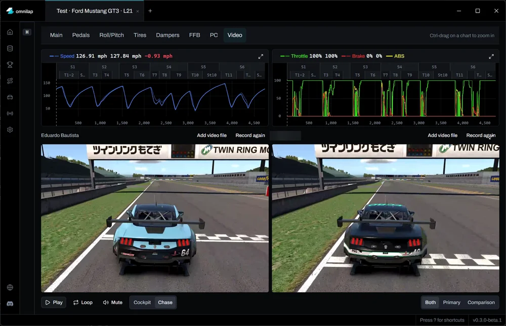 Omnilap's Video tab: the speed, throttle and brake traces of two laps above the two laps' chase-camera videos side by side, at the same point on the main straight.